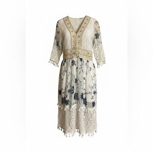 SHEIN Cream and Black Floral Lace Midi Dress